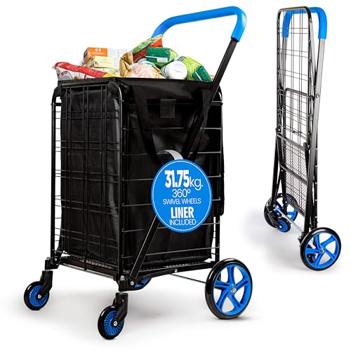 SereneLife Small Compact Folding Shopping Cart with Removable Waterproof Liner – 360° Swivel Wheels, Rust‑Proof Steel Frame, 70 lb Capacity – Portable Grocery, Laundry & Travel Cart (Blue) - color: Blue