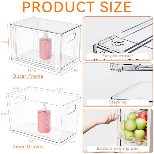 Yieach 4 Pack Large Stackable Storage Drawers,11″Deep Under Cabinet Organizer,Baby Bottle Organizer,Clear Stacking Pull Out Drawer,Acrylic Storage Containers Bins for Organizing Snack,Medicine,Makeup