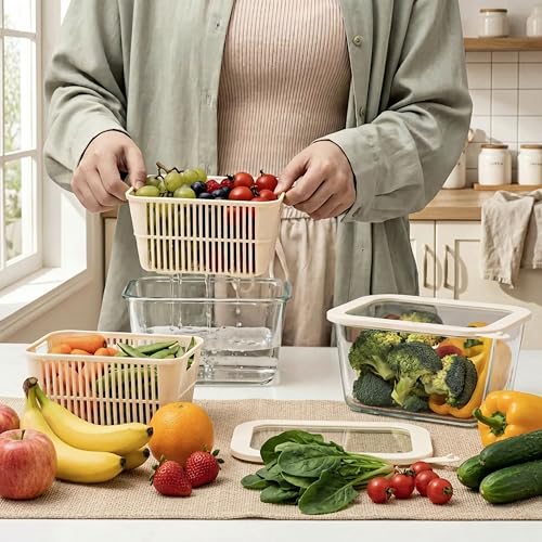 Urban Green Glass Food Storage Containers with Glass Lids, Microwave Safe Food Container Set, Aitight Meal Prep Container Set, BPA Free, 2 extra Colanders, LeakProof, 2 Pack of 60oz - color: Ivory White- 2RT