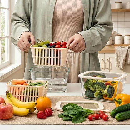 Urban Green Glass Food Storage Containers with Glass Lids, Microwave Safe Food Container Set, Aitight Meal Prep Container Set, BPA Free, 2 extra Colanders, LeakProof, 2 Pack of 60oz - color: Ivory White- 2RT
