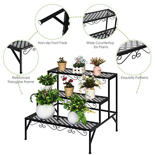 Giantex 3 Tiers Black Metal Plant Stand, Metal Plant Shelf Stands w/ 6-9 Flower Potted Capacity Holders, Multiple Flower Pot Display Rack for Plants Patio Garden Corner Indoor (Rectangular)