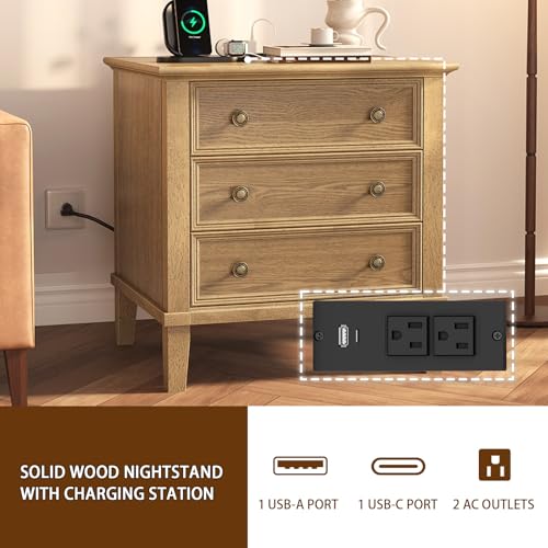 IKENO Solid Wood Nightstand with 3 Drawers, Tall Leg Bedside Table with Charging Station, Farmhouse Night Stand with Wood Slide Rail, Anti-Scratch Foot Pads for Bedroom，Teak - color: Teak