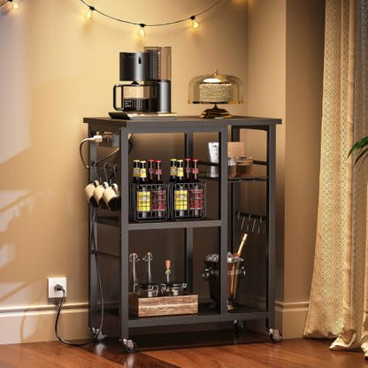 YATINEY Movable Bakers Rack, Microwave Stand with Charging Station, Kitchen Storage Rack with Hooks and Basket, Casters and Adjustable Feet, for Small Space, Kitchen, Dining Room, Black HB04UBB - color: Black