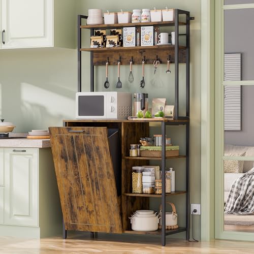 Kitchen Bakers Rack with Storage Shelf - 6-Tier Microwave Stand Oven Cabinet W/Tilting Trash Can Bin and Power Outlet, Farmhouse Thickened Coffee Bar Table Station W/6 Hooks&Adjustable feet - color: Brown