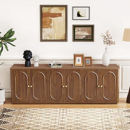 63'' Fluted Sideboard Buffet Cabinet with Storage and 6 Doors, Low Storage Cabinet Modern Wooden Accent Credenza Console Table for Kitchen Dining Living Room Entryway, (63"W*15.75"D*21.4"H) Walnut