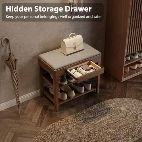 Small Shoe Bench with Storage, Wooden Shoe Storage Bench with Cushion&Hidden Drawer, 2-Tier Shoe Rack Bench for Entryway, Mudroom, Hallway - size: 23.6"W x 13.6"D x 21.3"H