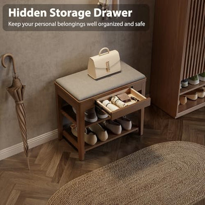 Small Shoe Bench with Storage, Wooden Shoe Storage Bench with Cushion&Hidden Drawer, 2-Tier Shoe Rack Bench for Entryway, Mudroom, Hallway - size: 23.6"W x 13.6"D x 21.3"H