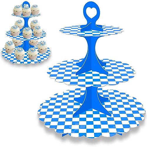2 Pack 3-Tier Cupcake Stand,Blue White Checkered Cardboard Racing Car Theme Dessert Holder for Party Wedding Baby Shower Birthday Decor - color: Blue White Checkered