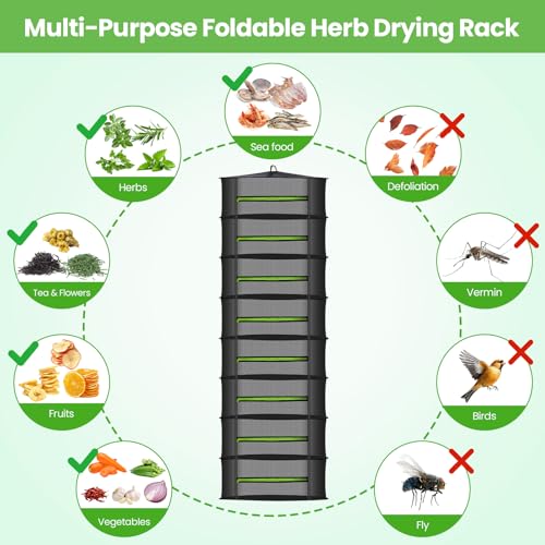 MEKOLIFE 8-Layer Herb Drying Rack Hanging, Large Capacity Mesh Net | 23.62 Inch with Zipper, S-Hooks and Bonus Garden Pruning Shears, for Herbs, Flowers, Plants, Indoor and Outdoor Use - size: 8 Layers