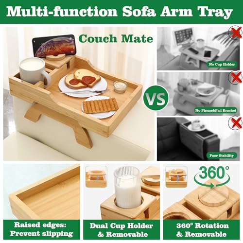 GHKINMAL Bamboo Couch Cup Holder, 4 in 1 Couch Arm Trays with 360°Rotated Phone Holder, Non-Slip Clip on Side Table for Drinks/Remote/Snacks, Ideal Gift for Husband, Wife, Parents - color: Natural Bamboo