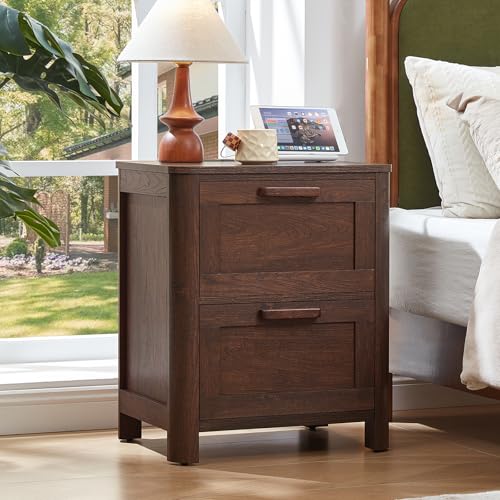 Joaxswe Farmhouse Night Stand with Charging Station, End Tables Bedroom with 2 Large Drawers & 4 Thickened Table Legs, Walnut - color: Walnut, size: 16"D x 19.7"W x 23.6"H (2 Drawers)