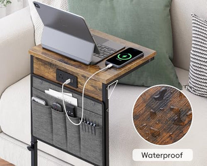 Vagusicc C-Shaped End Table Set of 2, Adjustable Height Side Table for Couch with Charging Station, Tall C Table Slide Under Sofa Table, TV Tray for Living Room, Bedroom, Bedside, Small Space, Brown - color: 2pc Rustic Brown