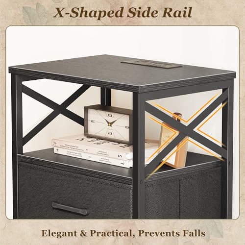 Huuger Nightstands Set of 2, Night Stand with Charger Station, 2 Drawer Side Table with Open Shelf, USB-C Port, End Table for Small Spaces, X Shaped Side Rail, Black - color: Black