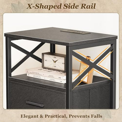 Huuger Nightstands Set of 2, Night Stand with Charger Station, 2 Drawer Side Table with Open Shelf, USB-C Port, End Table for Small Spaces, X Shaped Side Rail, Black - color: Black