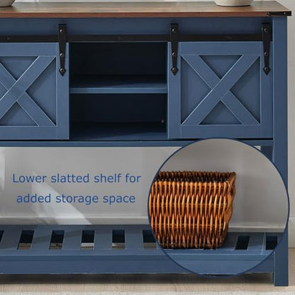 Blue Farmhouse Entryway Table, Rustic Hallway Table with Storage Shelf, Sofa Table with Sliding Barn Doors for Hallway, Entryway, Living Room, Foyer - color: Blue
