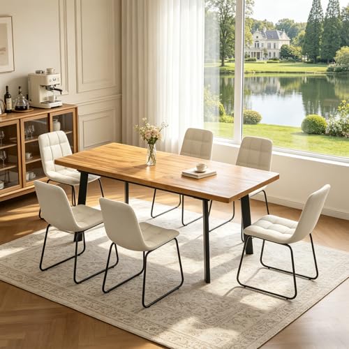 Extendable Dining Table Set for 6 to 8 People, 63" to 78.7" Modern Kitchen Table Set with 6 Chairs, MDF Dining Room Table and Chairs with Removable Extension Leaf (Walnut Table+U-Shaped White Chairs) - color: 63'' - 78.7'' Walnut Table+6 U Beige Chairs