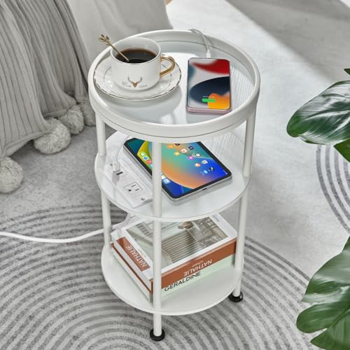Small Round End Table with Charging Station, 3-Tier Accent Couch Beside Table with USB Ports & Power Outlets, Sofa Side Table for Living Room Small Nightstand Bedroom (USB Charger, White) - color: White, style: USB Charger