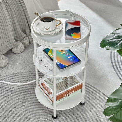 Small Round End Table with Charging Station, 3-Tier Accent Couch Beside Table with USB Ports & Power Outlets, Sofa Side Table for Living Room Small Nightstand Bedroom (USB Charger, White) - color: White, style: USB Charger