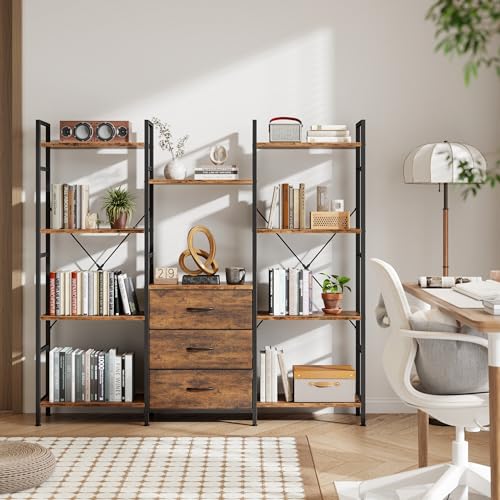 AFLUI Triple Bookshelf with 3 Fabric Drawers, 4-Tier Book Shelf and 10 Display Shelves, Industrial Large Bookcase for Home & Office, Rustic Brown, 59'' Wide - color: Rustic Brown, size: 4 Tier(59" W)