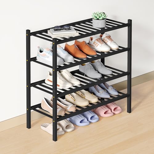 Smiry Bamboo Shoe Rack for Closet, 4 Tier Wooden Shoe Organizer, Stackable Wood Shoe Storage Shelf for Entryway, 14 Vertical Slats, 2+2 Stack Heavy-Duty Legs, 26.77"x11.02"x25.98", Black - color: Black, size: 4 Tier - Medium