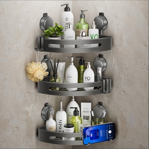 Shower Caddy Corner,Suction Cup Shower Caddy with Hooks,No Drilling Rustproof Aluminum Bathroom Organizers and Storage,Shelves for Bathroom Accessories Decor (3) - color: Corner-3pcs