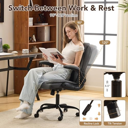 YFO Leather Office Chair, Ergonomic Home Office Desk Chair, Back Support Swivel Executive Office Chair with Wheels and Flip-Up Armrests, Small Gaming Chair with Adjustable Rocking Function, Grey - color: Grey