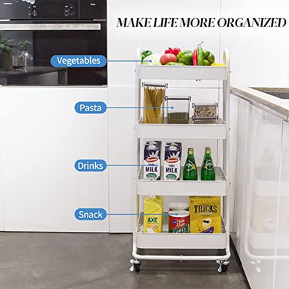 elabo 4-Tier Metal Mesh Utility Rolling Cart, Storage Organizer Trolley Services Cart with Lockable Wheels for Kitchen, Bathroom, Living Room (White) - color: White
