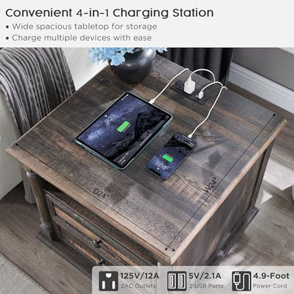 T4TREAM 24" Farmhouse Nightstands with 2 Drawers, Dark Rustic Oak | 4 Solid Wood Feet, Charging Station, Tall Rustic Wood Square, Sofa Side Table, Living Room, Bedroom - color: Dark Rustic Oak