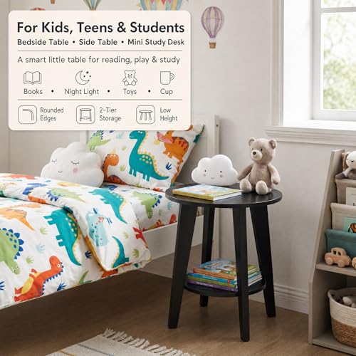 Small Round Side Table-17.7" Cute End Table with 2-Tier Storage | Waterproof Low Nightstand for Kids Room, Nursery, Small Spaces, Plant Stand & Bean Bag (Black) - color: Charcoal Black