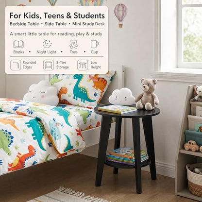 Small Round Side Table-17.7" Cute End Table with 2-Tier Storage | Waterproof Low Nightstand for Kids Room, Nursery, Small Spaces, Plant Stand & Bean Bag (Black) - color: Charcoal Black