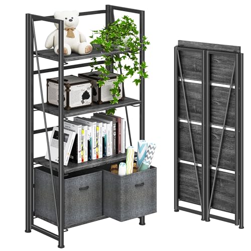 4NM No Assembly Folding Bookshelf Storage Shelves 4 Tiers Vintage Bookcase Standing Racks Study Organizer Home Office (Gray Black) - color: Gray Black, size: Standard 4 Tiers