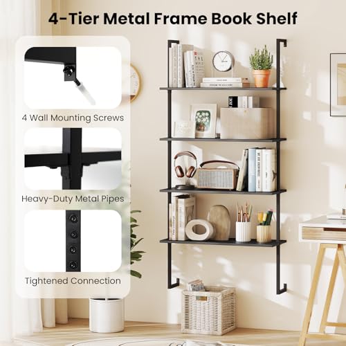 Tangkula 4-Tier Wall-Mounted Bookshelf, Industrial Modern Floating Storage Display Shelves with Metal Frame, Wall-Mounted Ladder Wooden Bookcase for Living Room, Kitchen, Bar, Office (1, Black) - color: Black