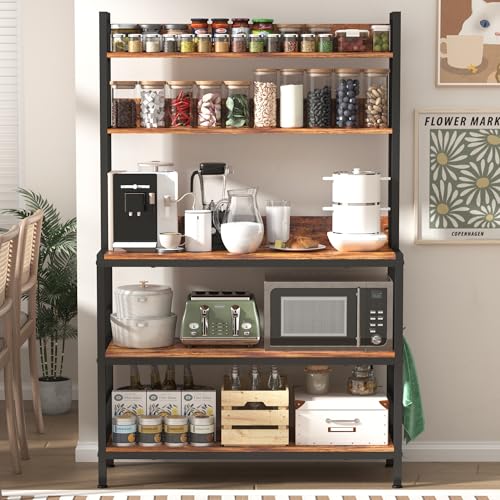 Kitchen Bakers Rack with Storage Shelves,5-Tier Free Standing Storage Shelf Rack with Hooks,Industrial Microwave Stand Shelf for Dining Room - size: without power outlet