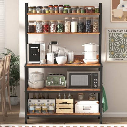 Kitchen Bakers Rack with Storage Shelves,5-Tier Free Standing Storage Shelf Rack with Hooks,Industrial Microwave Stand Shelf for Dining Room - size: without power outlet