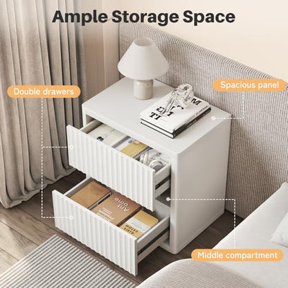 Dripex Fluted Nightstand Set of 2, 22'' Wide Night Stand with 2 Large Drawers, Mid Century Modern Wood Bedside Table with Open Shelf, Large Bed Side End Table for Bedroom, White - color: White