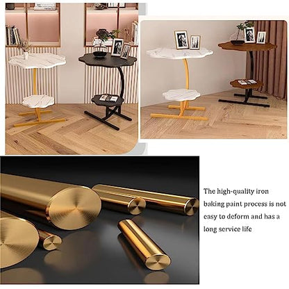 2 Layers Flower Shape Marble Texture Small C-Shaped Side Table,Snack SideTable, End Table for Sofa Side Table,Bedside Table for Living Room Kitchen Garden Bedroom - color: Black+gold