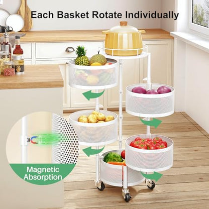 SAYZH Fruit Vegetable Basket for Kitchen, Rotating Storage Rack, 5 Tier Rolling Cart with top lid, Large Metal Wire Wheels (White) - color: White