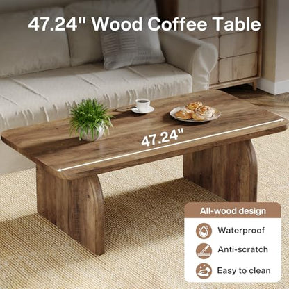 Tribesigns Rectangle Coffee Table, 47-Inch Wood Rectangular Living Room Table, Farmhouse Accent Center Low Cocktail Tea Table with Sturdy Base & Rounded Corners, Easy Assembly (Rustic Brown) - color: Rustic Brown