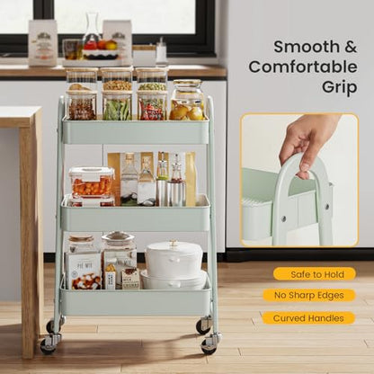 DUMOS 3 Tiers Metal Rolling Utility Cart with Lockable Wheels, Mobile Storage Organizer, Utility Shelving Unit for Kitchen, Office, Bathroom, Laundry, Narrow Places, Light Green - color: 3-tier Green