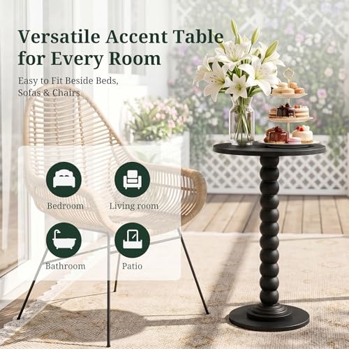 Round Side Table for Small Spaces, Modern Pedestal End Table with Solid Wood Spindle Leg, Small Drink Table Accent Nightstand for Living Room, Bedroom, Sofa Side, Apartment & Office, Black - color: Black