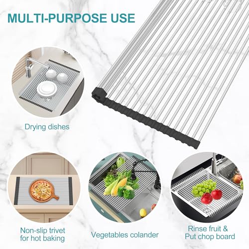 BBXTYLY Extra Large Expandable Roll Up Dish Drying Rack,Over The Sink Drying Rack Sink Cover Kitchen Sink Accessories Kitchen Rolling up Stainless Steel Drainer, Foldable,Rollable（Black，22.8''-17.3''） - color: Black, style: 22 tubes,expandable