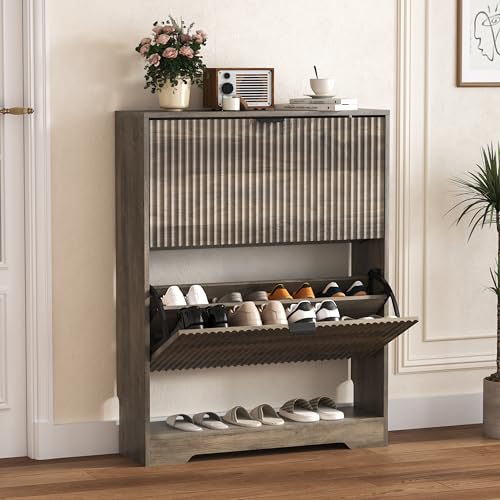 HUANLEGO Shoe Cabinet Storage for Entryway with 2 Flip Drawers, Grey Fluted Shoe Cabinet with Open Storage, Wooden Hidden Shoe Rack Freestanding Narrow Slim Shoes Organizer for Hallway, Entrance - color: Grey, size: 2 Drawer