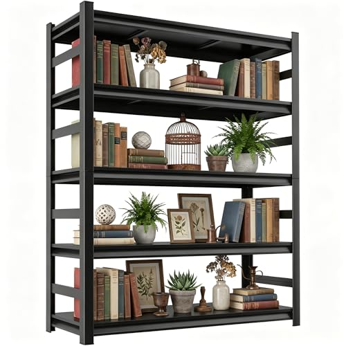 5 Tier Metal Bookshelf with Anti-Drop Fence, 72" H Adjustable Tall Bookcase, Heavy Duty 3000 LBS Modern Deep Book Shelf, Bolt-Free Storage Shelves for Living Room, Home Office, Garage - size: Upgraded-36"W x 16"D x 72"H