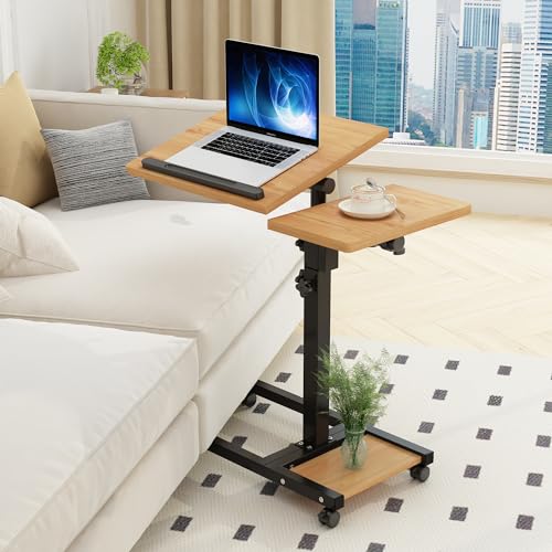 TigerDad Mobile Adjustable Height Laptop Stand PC Computer Portable Notebook Swivel Laptop Desk Rolling Table Desk Cart Tiltable with Wheels Casters& Mouse Pad Table - color: Wood