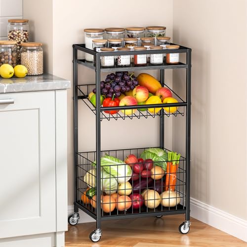 Fruit Vegetable Cart, 3-Tier Snack Cart on Wheels & Wood Top, Black | Vegetable Rack For Kitchen, Kitchen Cart Organizer for Fruit, Vegetables, Potato, Snack - color: Black, style: 3-Tier