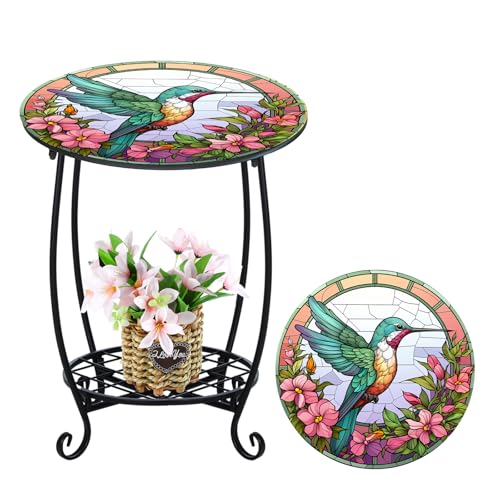 Cinnvoice Outdoor Side Table Round Small Mosaic Patio Accent Indoor End Plant Coffee Tea Table for Yard Patio Porch Garden Living Room, Bedroom(Hummingbird Style,18 Inch) - size: 18 Inch, style: Hummingbird Style