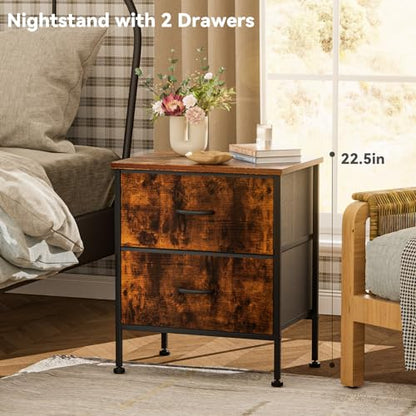 Industrial Nightstand with 2-Drawer Storage, Rustic Brown End Table with Metal Frame, Small Fabric Dresser for Bedroom, Living Room, Office, Easy Assembly