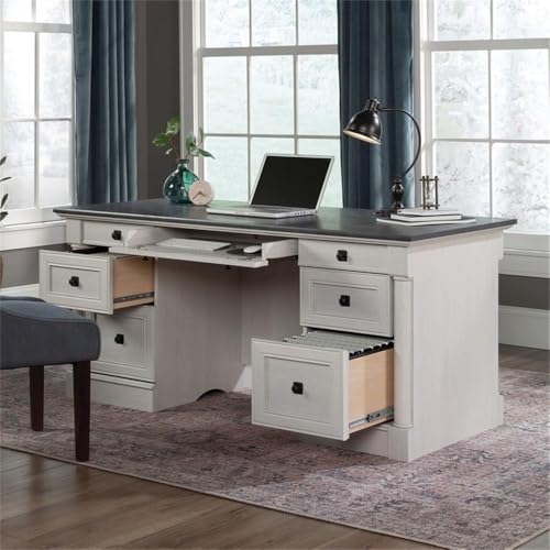Sauder Palladia Office Desk with Drawers, Executive Desk with File Cabinet Storage, Cable Management, Keyboard Tray, in Glacier Oak Finish - color: Glacier Oak