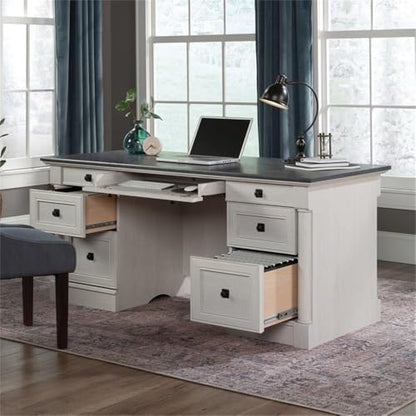 Sauder Palladia Office Desk with Drawers, Executive Desk with File Cabinet Storage, Cable Management, Keyboard Tray, in Glacier Oak Finish - color: Glacier Oak