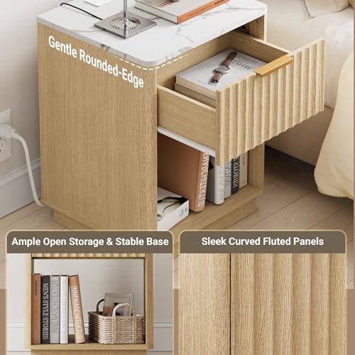 Fluted Nightstand, Night Stand Set 2, Nightstands Set of 2 with Charging Station and Faux Marble Top, Wooden End Table with Drawer, Modern Bedside Table for Bedroom Living Room, Natural Oak - color: Natural Oak + Faux Marble Top, size: 1 Drawer（18"W）
